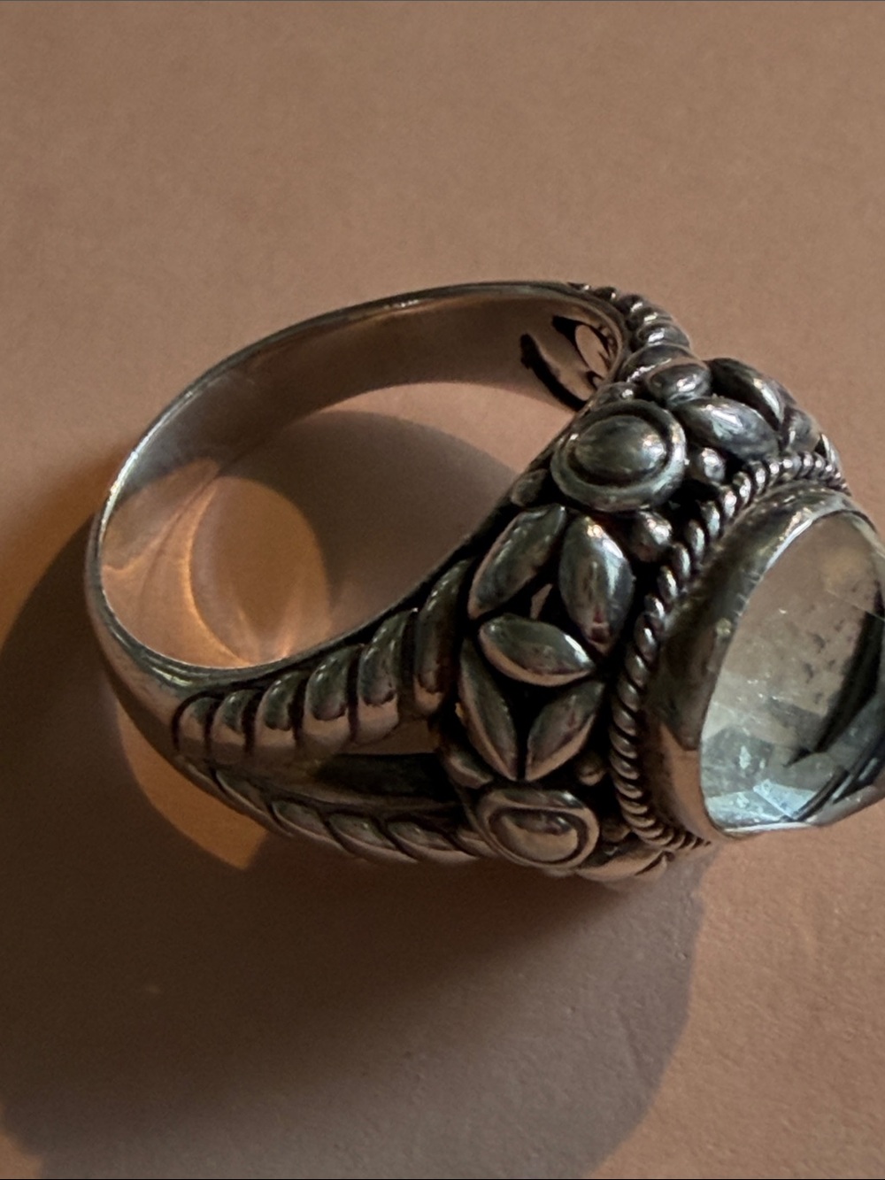 Sterling Floral Oval Clear Stone Ring in Silver